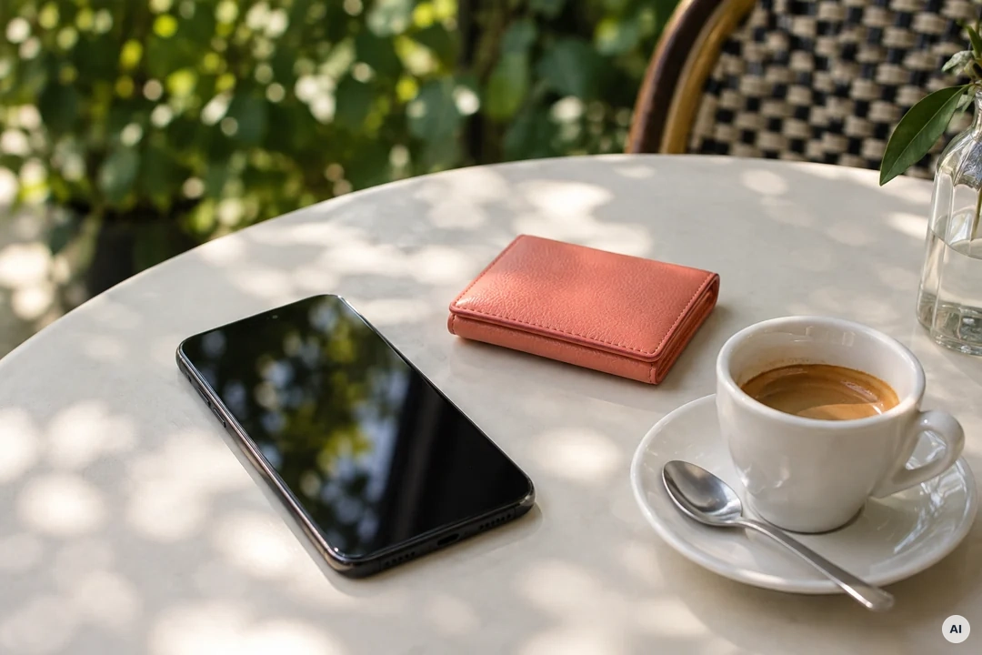 Smartphone und Kartenetui auf einem hellen Cafétisch