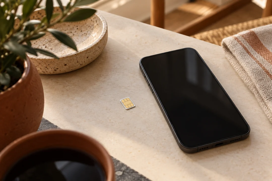 Smartphone und SIM-Karte auf einem hellen Tisch